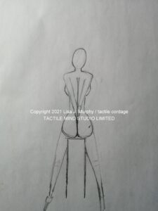Tactile Cordage by Lisa J. Murphy. Image 4 drawing, pencil on paper. Rear view of woman with hands behind her back.